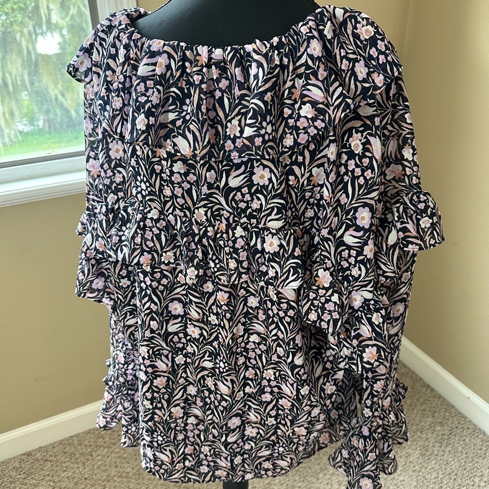 Floral Ruffle Long Sleeve Blouse Navy Pink Tiered Tie Neck Top - Picture 5 of 6